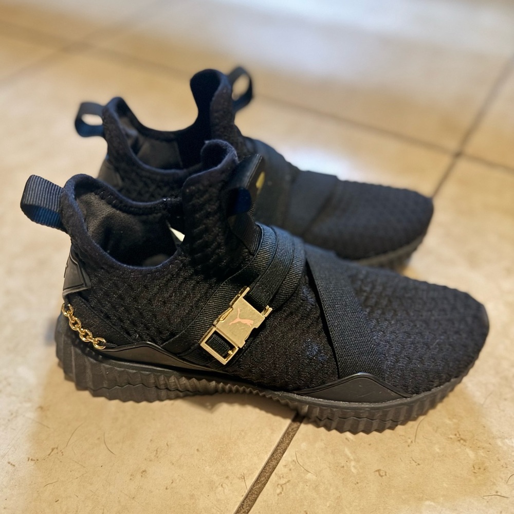 Puma Black Slip-On Athletic Sneakers with Gold Hardware